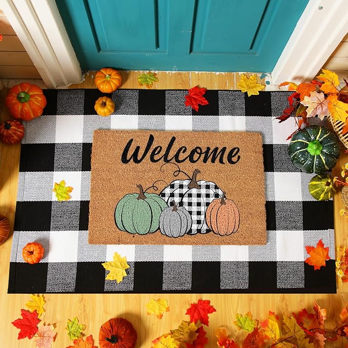 2 Pcs Thanksgiving Coir Doormat Outdoor Fall Pumpkin Welcome Outdoor Rugs for Layered Buffalo Black White Plaid Mats for Autumn Fall Front Door Porch Entryway Decor