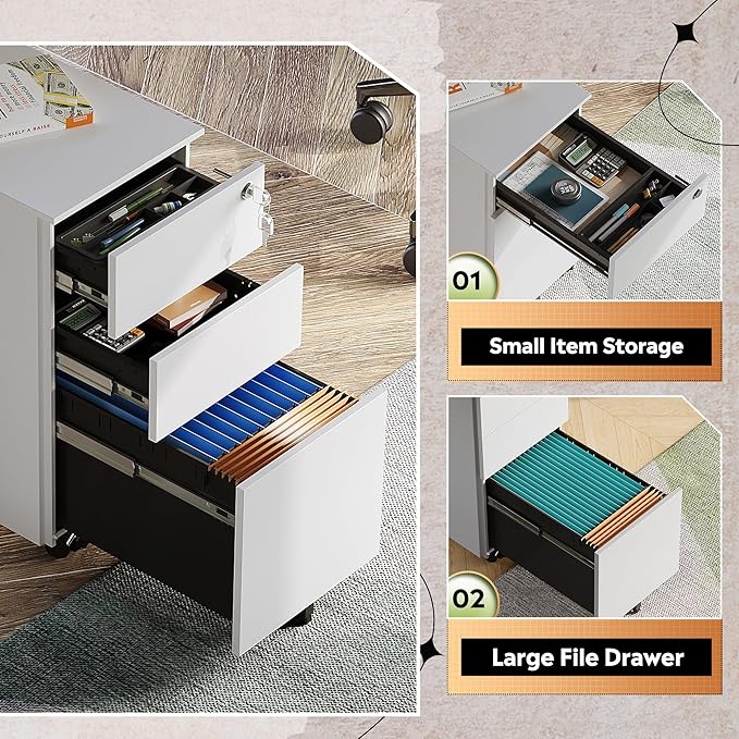 DEVAISE White File Cabinet, Small Filing Cabinet with 3 Drawers with Slim Width for Home Office, Rolling Under Desk Storage (11.8 inch)