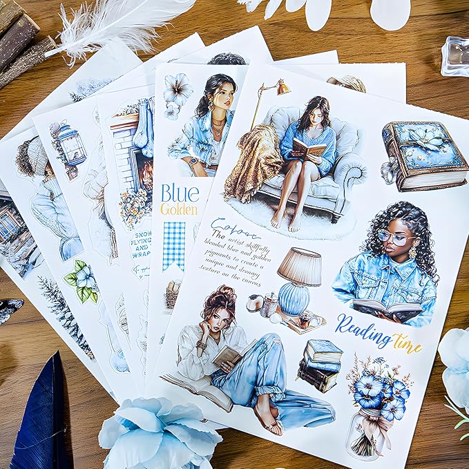 Snycler Blue Gold Symphony Theme Sticker Scrapbooking Supplies for Junk Journal, 20 Sheets PET Stickers - Vintage Journaling Stickers, Ephemera Sticker Book Pre Cut, Planner, Junk Journal Supplies