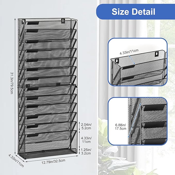 EasyPAG 14 Tier Wall File Holder with Flat Tray, Black | Easy Assemble Mesh Desk File Organizer | 13-Folder Paper Storage | Replaceable Classify Labels | Space Saving Mail Organizer for Office Home