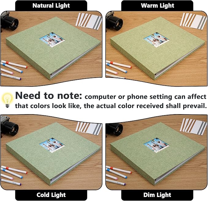 Vienrose Scrapbook Photo Album 12x12 Inch 3 Ring Binder, Linen Cover Large DIY Scrapbooks with 50 Sheets Plastic Sleeves 100 Pages Blank Khaki Inner Pages for Wedding Birthday Travel Baby Grass Green