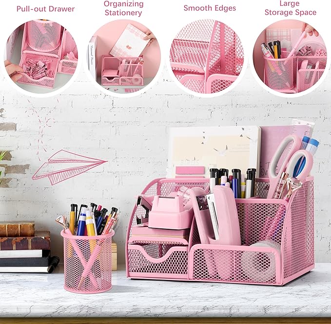 11 Pcs Pink Office Supplies Set Mesh Desk Organizer Accessories Kit Include Stapler Tape Dispenser Staple Remover Clips Ruler Scissors Sticky Notes for Office School Home Women (Pink)