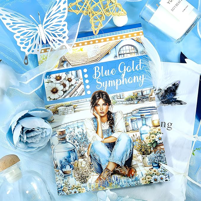 Snycler Blue Gold Symphony Theme Sticker Scrapbooking Supplies for Junk Journal, 20 Sheets PET Stickers - Vintage Journaling Stickers, Ephemera Sticker Book Pre Cut, Planner, Junk Journal Supplies