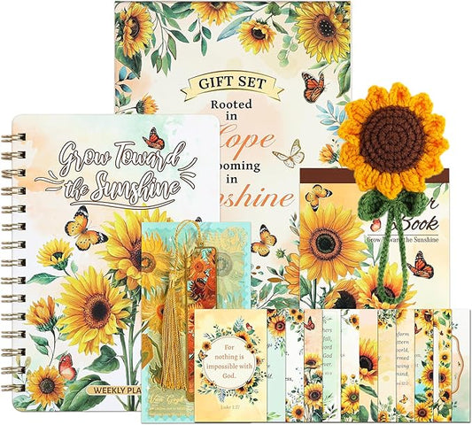 Sunflower Gift Set for Women - 25 Sheets Planner Stickers 600+ Stickers, Weekly Prayer Journal, Crochet Keychain, Metal Bookmark, 30 Prayer Cards, Gift for Women Teens, Christian Gifts, Birthday Gifts