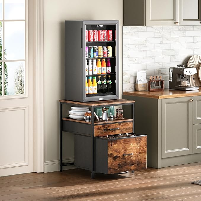 Mini Fridge Stand with 3 Storage, Mini Fridge Cabinet, Beverage Fridge Table, Heavy Duty 21.3" L* 22.7" W Tabletop, for Dorm, Apartment,Office, Bedroom Rustic Brown HB01BXN