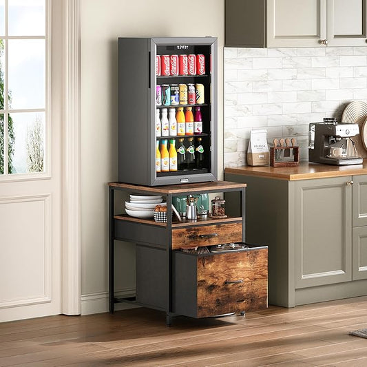 Mini Fridge Stand with 3 Storage, Mini Fridge Cabinet, Beverage Fridge Table, Heavy Duty 21.3" L* 22.7" W Tabletop, for Dorm, Apartment,Office, Bedroom Rustic Brown HB01BXN