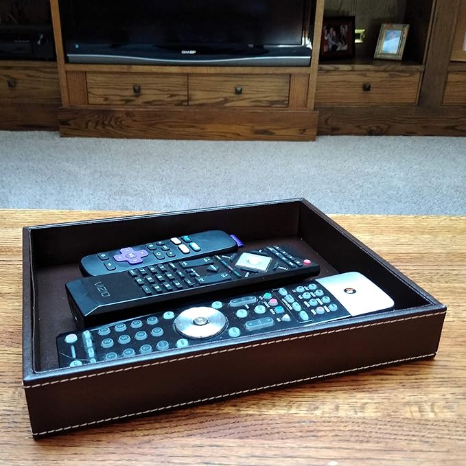 Valet Tray, Desk Tray, Nightstand Organizer for Men, Brown PU Leather, 10.3 x 8.3 x 1.6 inches
