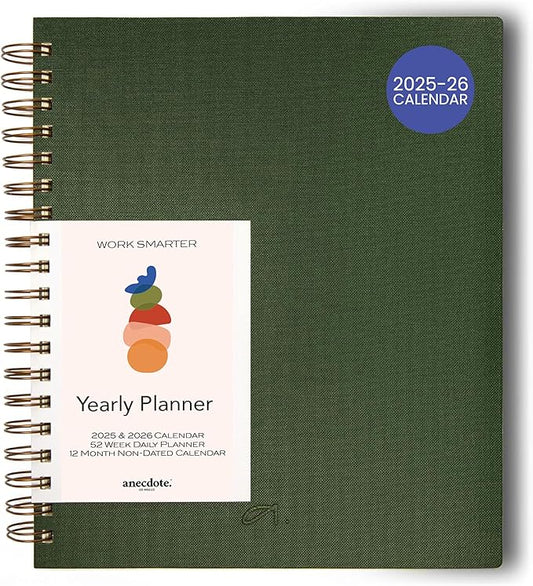 Anecdote 2025 Planner (8.5" x 10") Daily Planner Weekly Monthly Planner - 52 Weeks w/Library Buckram Cover, Brass Spiral - A4 Size Bleed-Resistant Paper – Evergreen
