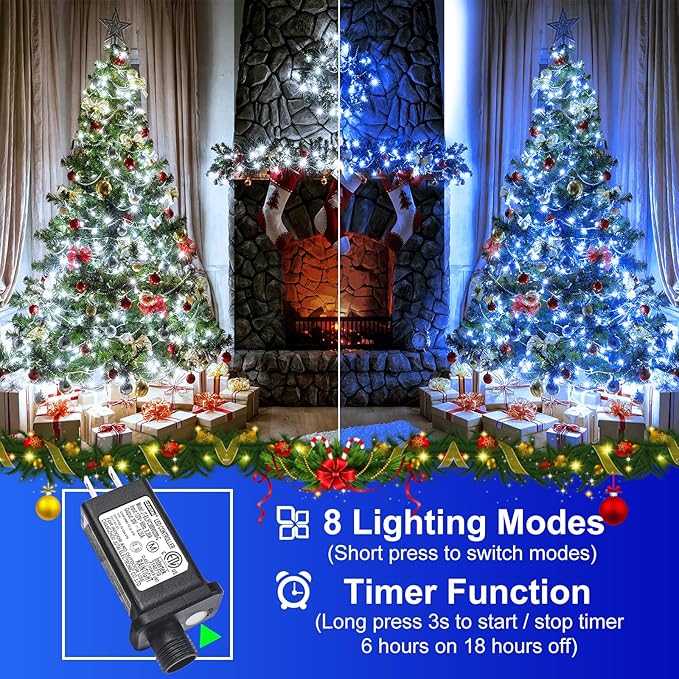 2 Pack Christmas Lights Outdoor, Total 200FT 600LED Christmas String Lights with 8 Modes Waterproof, Green Wire Twinkle Tree Lights for Indoor Patio Xmas Decor, 1 Pack Blue & 1 Pack White