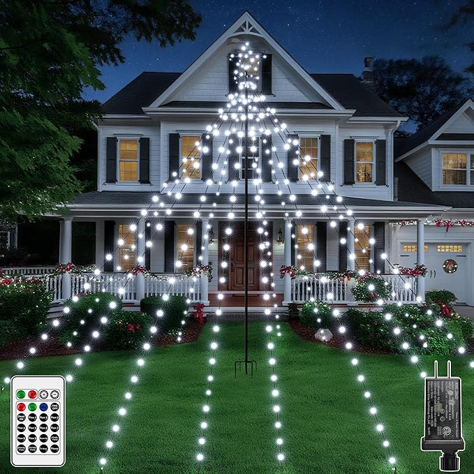 Christmas Tree Lights 340LED with Topper Star, IP67 Waterproof Remote Control Waterfall Lights with Pole, 16 Modes 3 Timers Dimmable Christmas Decorations for Outdoor Yard (White)