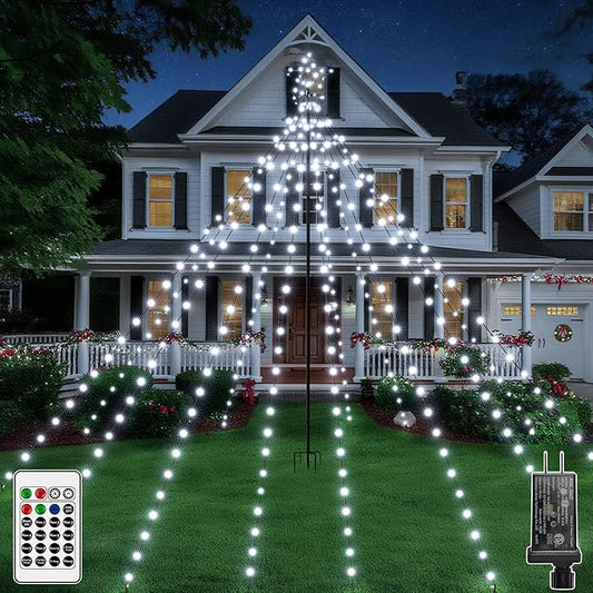 Christmas Tree Lights 340LED with Topper Star, IP67 Waterproof Remote Control Waterfall Lights with Pole, 16 Modes 3 Timers Dimmable Christmas Decorations for Outdoor Yard (White)