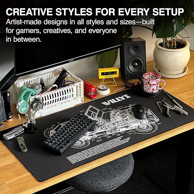MPCO. Blueprints Large Gaming Desk Pad - 36" x 17" Duraglyde Fabric Willys Jeep – Black Desk Mats - Non-Slip, Washable, Smooth Glide for Precision Gaming & Work