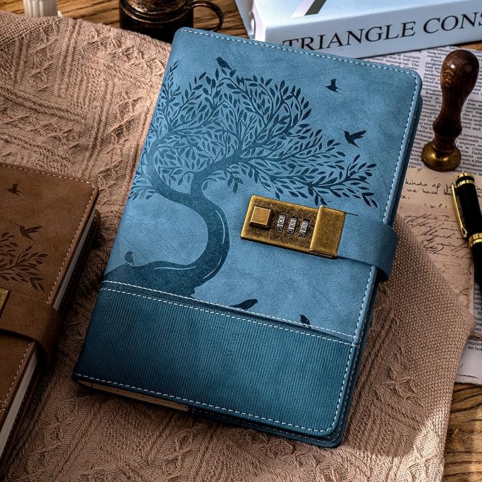 Vintage Diary with Lock for Women Girls 256 Pages Leather Password Journal with Lock A5 Locking Journals for Writing Note Taking Boys Men, 5.9x 8.3 in, Blue