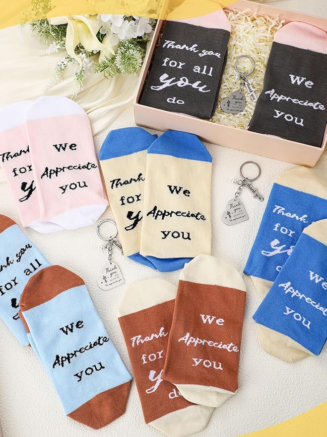 24 Pcs Employee Appreciation Gifts Thank You for All You Do Socks Stainless Steel Keychains for Staff Coworker Team