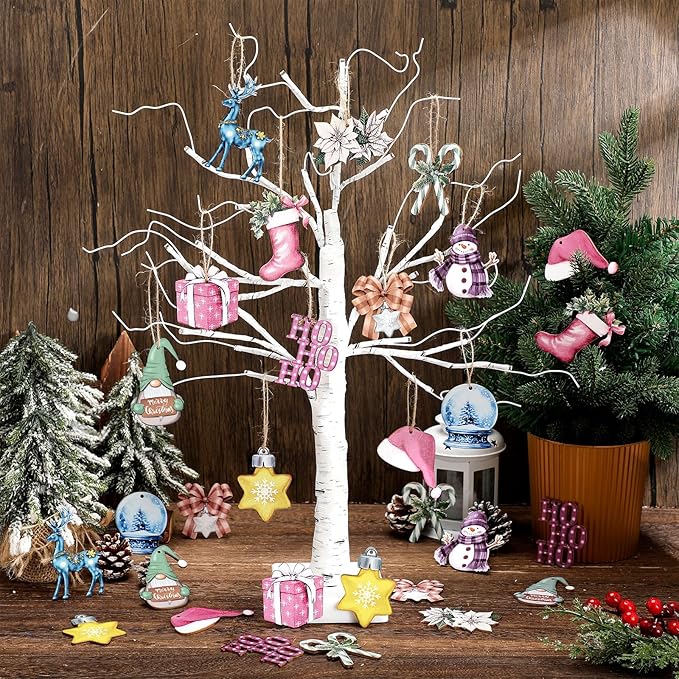 Huwena 36 Pcs Pastel Christmas Wooden Ornaments Pastel Christmas Decorations for Tree Snowman Gnomes Poinsettia Flowers Truck Wreath Wood Cutouts Tags with Ropes Winter Decor for Xmas Tree Gifts