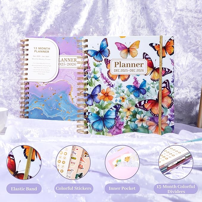 CAGIE 2026 Planner Weekly and Monthly from Dec 2025 to Dec 2026 Hardcover Spiral Bound Calendar Floarl Yearly Agenda Planners for Women with Stickers, 8.3 x 9.1, White Butterfly