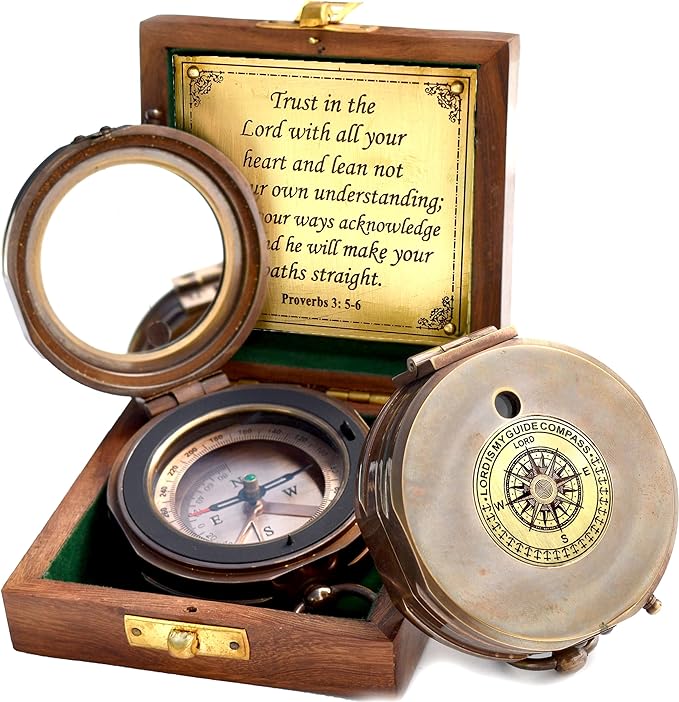 Trust in The Lord With All Your Heart - Proverbs 3:5-6 Quote Engraved Compass With Wooden Box, Greeting Card, Gift Compass, Graduation Day Gifts 2024 for Women Men Boys Girls