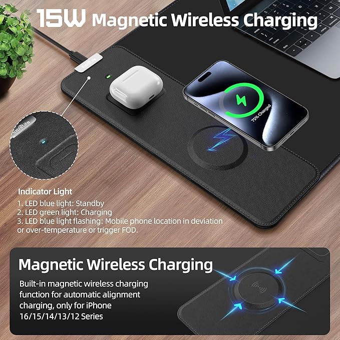 Mouse Pad with Wireless Charging, Gaming Mouse Pad with Ultra-Smooth Surface, Large XXL Desk Mat, Non-Slip Mouse Mat, Waterproof Computer Keyboard Pad for Gaming, Desk, Office, PC, 800x300x4MM, Black