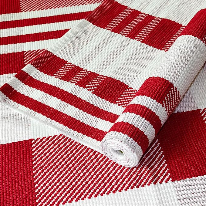 Christmas Plaid Outdoor Rug, 4' x 6' Red&White Check Indoor/Outdoor Area Rug, Layering Rug for Hello/Welcome Door Mat, Machine Washable Cotton Woven Rug for Farmhouse Front Porch, Entryway