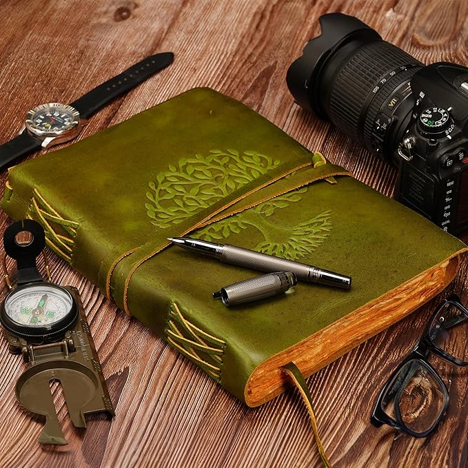 LUXEORIA Tree Of Life Leather Journal for Women and Men, Handcrafted Leather Journal for Writing Womens, Sketchbook, Travel Diary with Unlined Deckle Paper, Mint Green 7x10