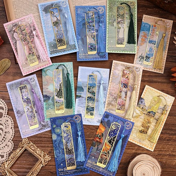 12 Pieces Metal Bookmarks with Tassel, Golden Hollow Bookmark Oil Painting Theme Girl Book Mark Bookmarks for Book Lovers Writers Readers Children Teens Men Women Adults