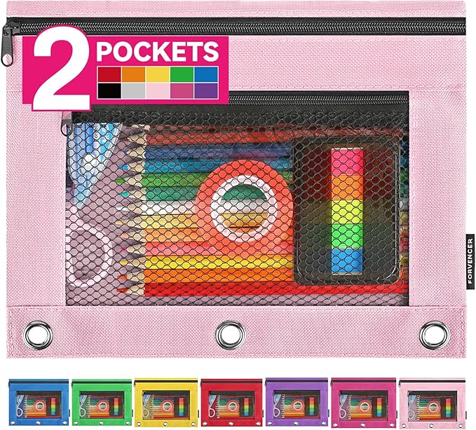 Forvencer Pencil Pouch for 3 Ring Binder, Large Capacity Pencil Pouches with Zipper, Soft Fabric Pencil Bag, Clear Pencil Case with 3 Hole, Portable Office Stationery School College Organizer, Pink