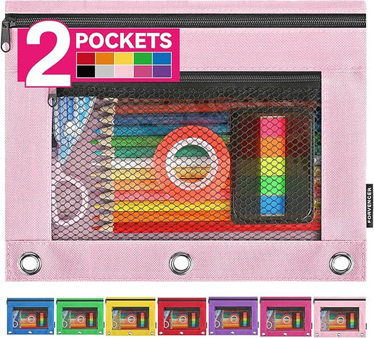 Forvencer Pencil Pouch for 3 Ring Binder, Large Capacity Pencil Pouches with Zipper, Soft Fabric Pencil Bag, Clear Pencil Case with 3 Hole, Portable Office Stationery School College Organizer, Pink