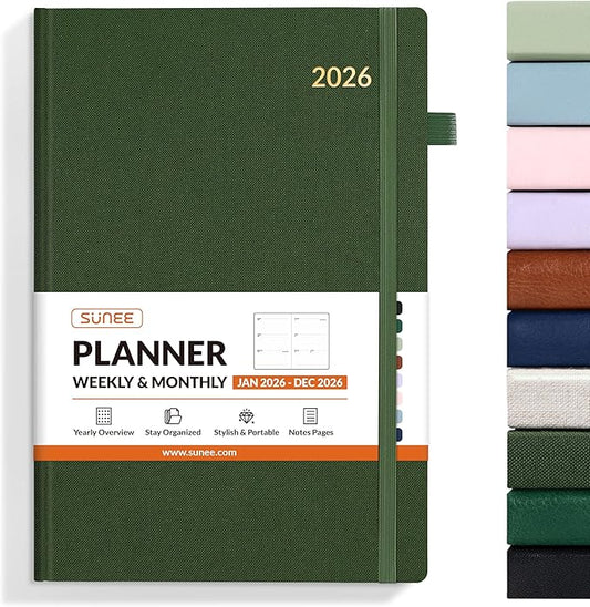 SUNEE 2026 Weekly & Monthly Hardcover Planner 5.5" x 8.3" - 12 Month (January 2026 - December 2026), Small Hardcover Planner, Pocket, Notes, 100 GSM Paper, Deep Green