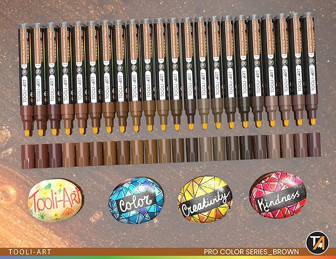 TOOLI-ART 22 Acrylic Paint Markers Pens Pro Color Series Set 3mm Medium Tip for Rock Painting, Glass, Mugs, Wood, Metal, Glass, Canvas, DIY. Non Toxic, Waterbased, Quick Drying (BROWN)