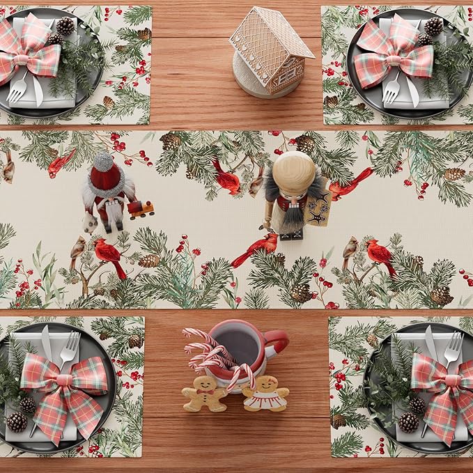 XCHI Cardinal Birds Winter Pine Tree Christmas Xmas Table Runner Table Decoration for Home Kitchen Dining Holiday Decor 13x48 Inch