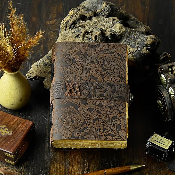 400 Page Leather Journal - Antique Handmade Deckle Edge Vintage Paper Leather Bound Journal - Book of Shadows Journal - Leather Sketchbook - Drawing Journal - Great Gift 7X5 Lock Brown