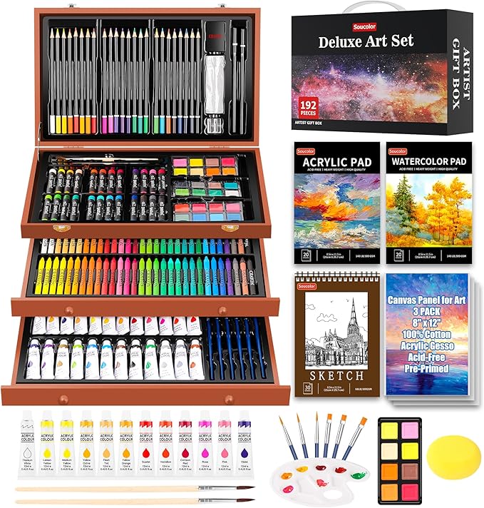 Soucolor Arts and Crafts for Kids Ages 8-12, 192-Pack Deluxe Art Set Coloring Drawing Painting Supplies Art Kit with Acrylic Pad, Watercolor Pad, Sketch Book, Canvases, Acrylic Paint, Crayons, Pencils