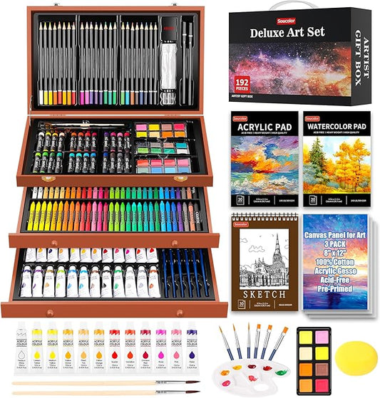 Soucolor Arts and Crafts for Kids Ages 8-12, 192-Pack Deluxe Art Set Coloring Drawing Painting Supplies Art Kit with Acrylic Pad, Watercolor Pad, Sketch Book, Canvases, Acrylic Paint, Crayons, Pencils