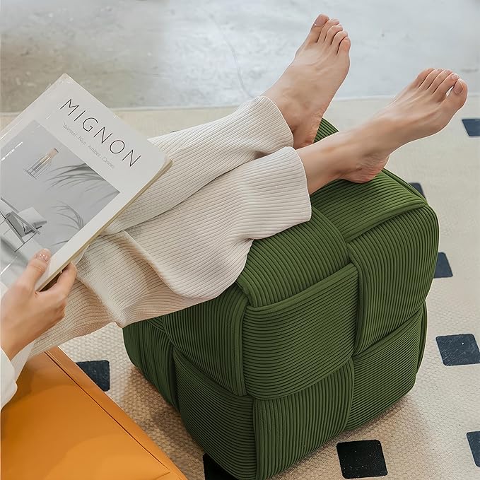 Ottoman Foot Rest Soft and Comfortable Ottoman Square Corduroy Woven Design Sofa Stool (Green)