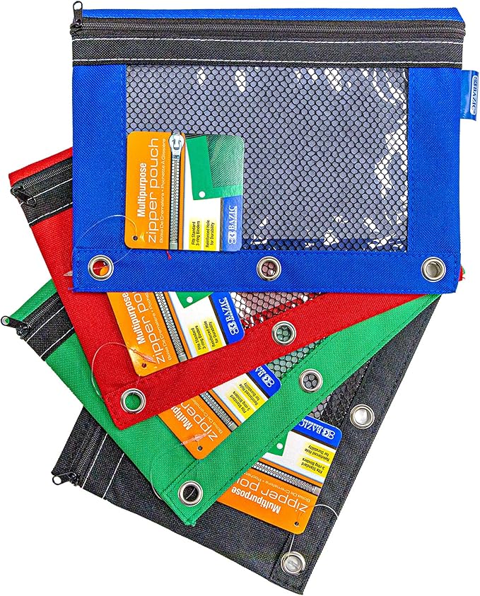 BAZIC Pencil Pouch 3 Ring Binder Pouch w/Rivet Enforced Rings Holes, Assorted Color Mesh Window Zipper Pouches, 4-Pack