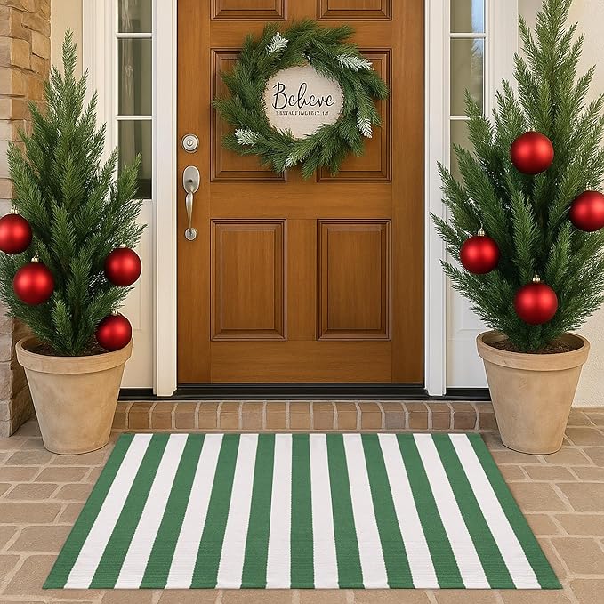 Christmas Green & White Striped Rug - 28 x 43 Inches Outdoor Front Door Decor Mat Cotton Washable Hand-Woven Rug Christmas New Year Holiday Porch Entryway Layered Doormat