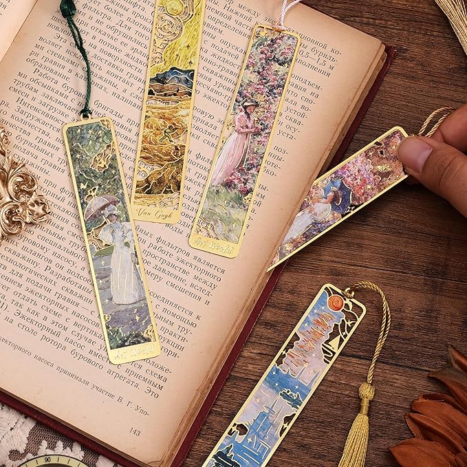 12 Pieces Metal Bookmarks with Tassel, Golden Hollow Bookmark Oil Painting Theme Girl Book Mark Bookmarks for Book Lovers Writers Readers Children Teens Men Women Adults