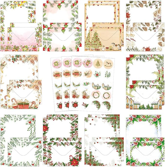 160pcs Christmas Stationery Paper and Envelope Set, 50 Sheets Christmas Holiday Letterhead Paper 50 Matching Envelopes 60 Stickers， Falling Holly Xmas Writing Paper for Winter & Holiday Events