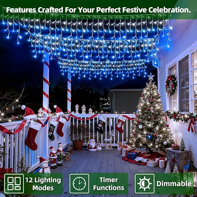 1332 LED Christmas Lights with 296 Drops,132ft 12 Modes Hanging ice String Lights with Timer & Dimmable & Waterproof, Plug-in Fairy Lights for Holiday Wedding Party Christmas Decor Blue & CoolWhite