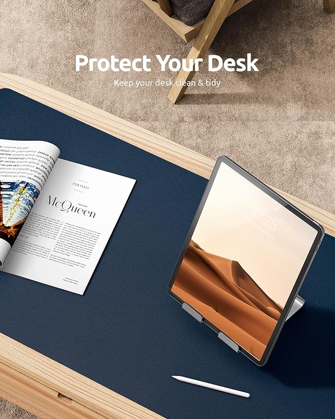 YSAGi Leather Desk Protector, Office Mat, Large Mouse Mat, Non-Slip PU Leather Blotter, Laptop Desk Mat, Waterproof Writing Pad for Office and Home (Dark Blue, 23.6" x 13.8")