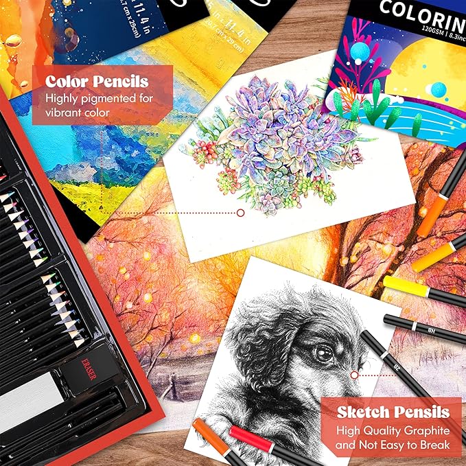 Caliart Art Supplies, 153-Pack Deluxe Art Set in Wooden Case, Crafts Drawing Painting Kits with 2 A4 Sketch Pads, Coloring Book, Christmas Birthday Gifts for Teens Girls Boys Kids Adults Artists