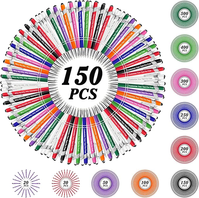 Max 500 Pcs Personalized Pens Bulk, Custom Pens with Free Engraving, Customized Stylus Tip Ballpoint Pen with Your Name Massage Text for School Office Business Graduation Anniversaries-150 Packs