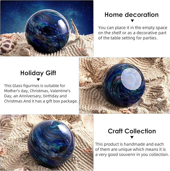 Hand Blown Glass Figurines Ball Ocean Waves,Office Paperweight Glass for Desk,Home Decor Collectible,Aquarium Decor,Office Decor Ocean Lovers (Planet)