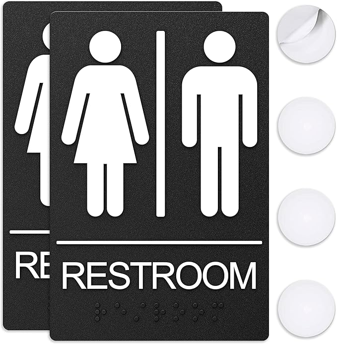 ASSURED SIGNS Unisex Bathroom Signs, Restroom Sign For Business - For Men and Women - 2 PAck - 9" by 6" - ADA Compliant with Braille - Strong Double-Sided Adhesives Included - Apply to Office, Home, Public Door/Wall
