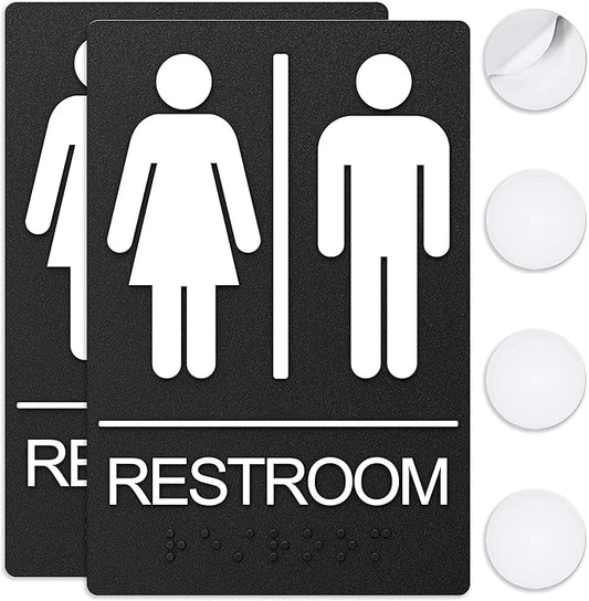 ASSURED SIGNS Unisex Bathroom Signs, Restroom Sign For Business - For Men and Women - 2 PAck - 9" by 6" - ADA Compliant with Braille - Strong Double-Sided Adhesives Included - Apply to Office, Home, Public Door/Wall