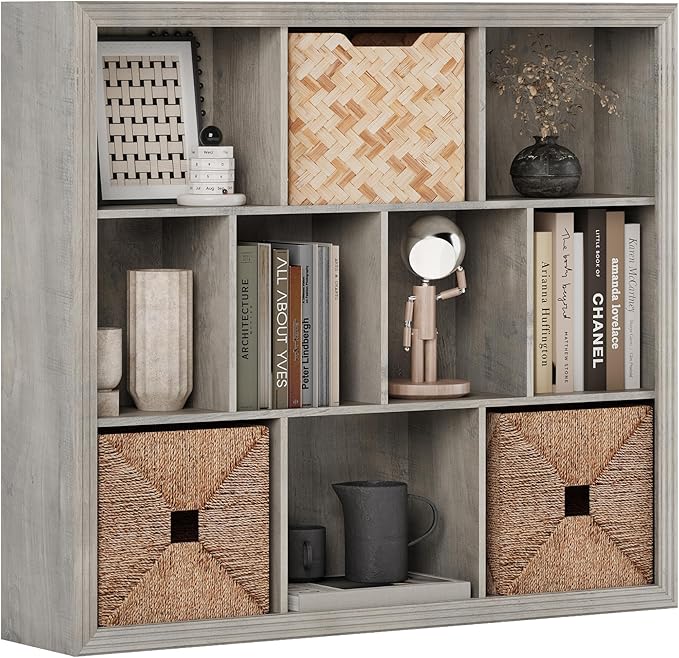 Wooden 10-Cube Storage Organizer, 3-Tier Bookshelf, Wood Grey Bookshelf, Bookcase, Cubical Storage Shelf with 3 Removable Back Panels for Bedroom Home and Office