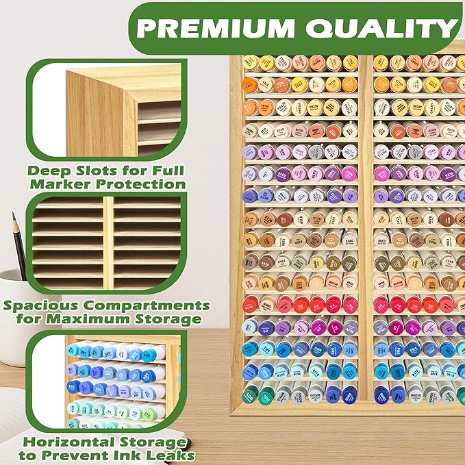 PROLEE Marker Storage Organizer for 224 Markers,Wooden Alcohol Marker Holder with 32 Slots,Markers Pens Pencils Art Supply Storage Rack for Desk Home Classroom Office Decor (Natural, 15“x11”x5.2 “)