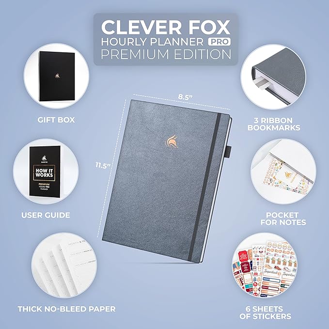 Clever Fox Hourly Planner PRO Premium – Undated Schedule Planner with Daily Time Slots – Personal Organizer Notebook for Time Management – Weekly & Monthly Life Journal, A4 size (Silver Black)
