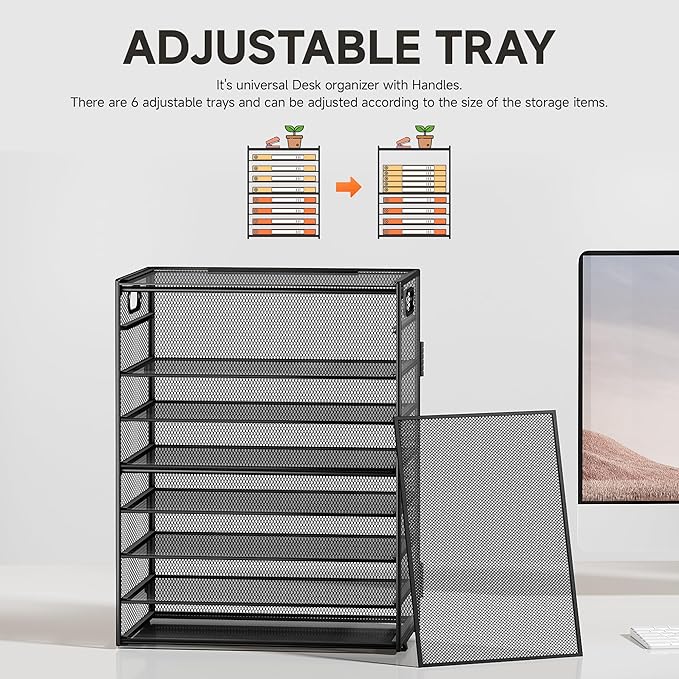 SUBEKYU 9 Tier Paper Organizer for Desk - Black Metal Mesh Letter Tray File Paper Sorter Organizer Include 6 Pcs Adjustable Height Slid Tray with Handles for Office School Home Organization Storage