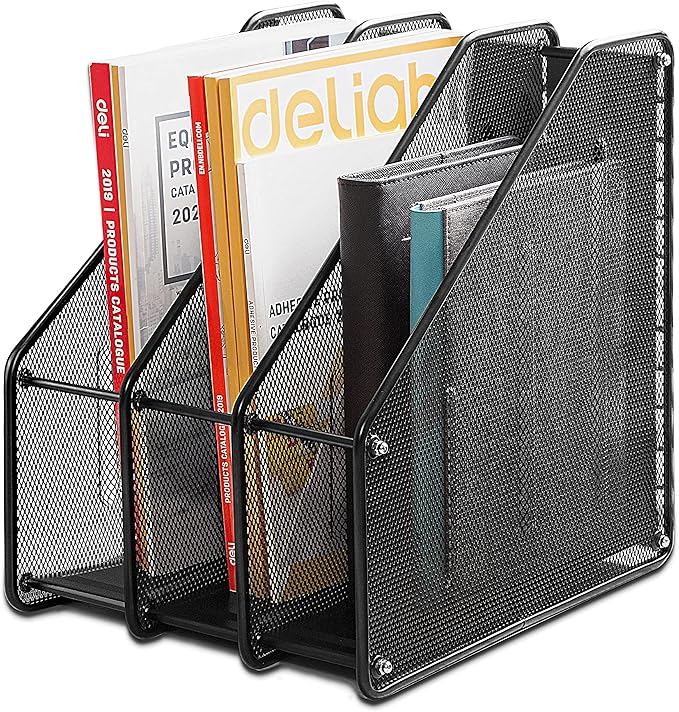 deli Mesh Magazine File Holder, Desk Organizer File Folder Document Rack for Office Organization and Storage, 3 Vertical Compartments, Black